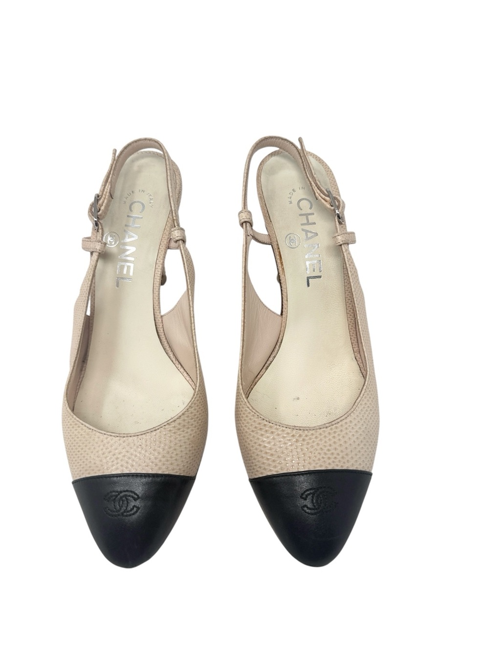 Chanel Cap Toe CC Rare Leather Lizard Slingback Beige Black Pumps Size 37.5